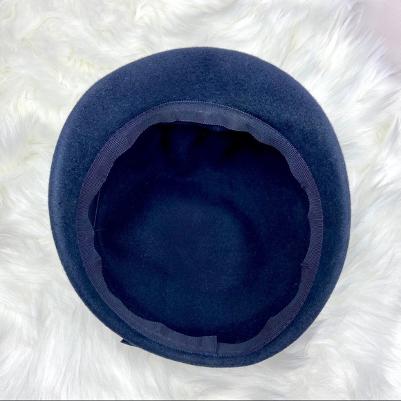 VINTAGE Swingin 60s GoGo Girl Rhinestone Cabby Cap Deep Blue Felt Hat Mod - Picture 6 of 6